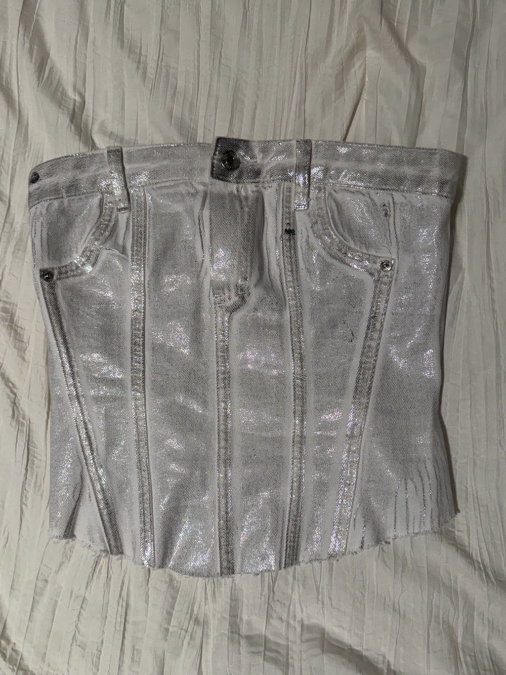 Zara Silver Metallic Corset-Style Jeans Top